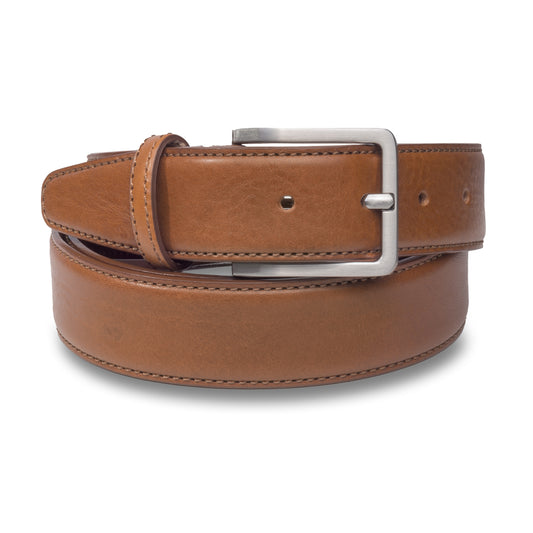 Anzuggürtel Rindleder, mittelbraun/cognac, 3.5 cm breit, Schließe silber. Zusammengerollte Ansicht. Bei SISENTO
