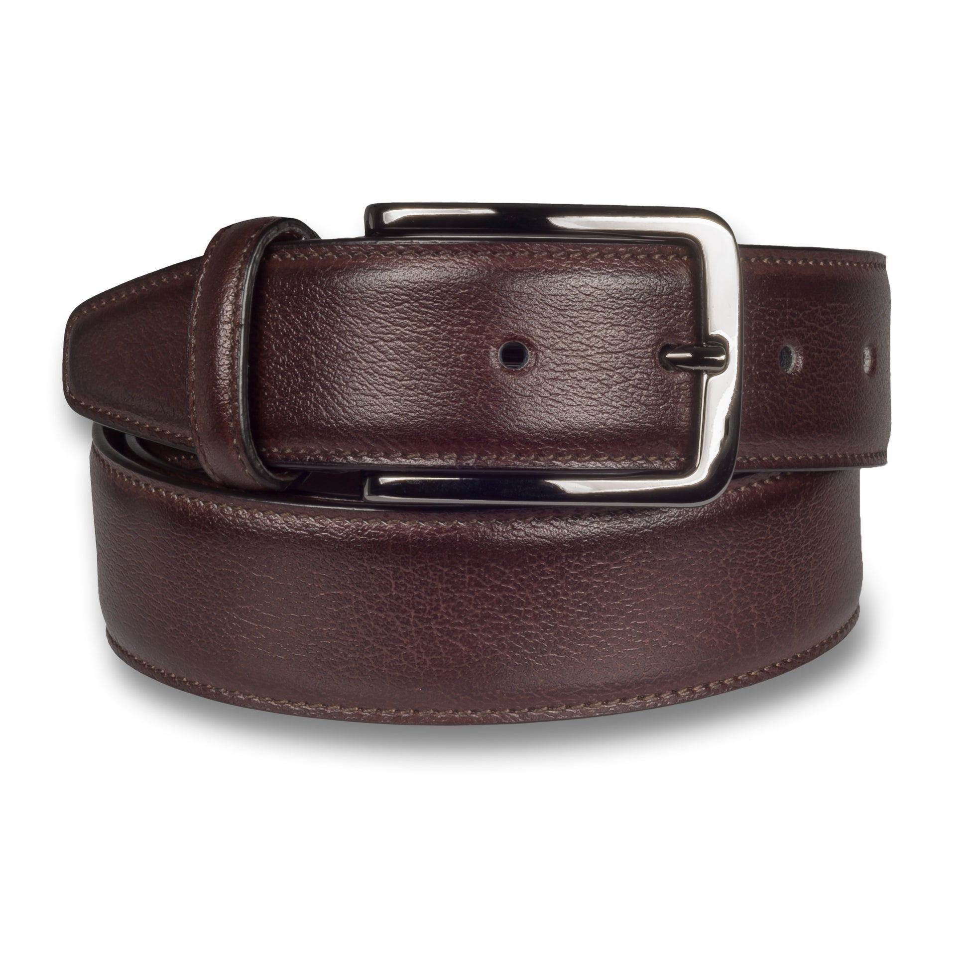 Anzuggürtel Rindleder von "FLECS", dunkelbraun, 3.5 cm breit, Schließe silber. Zusammengerollte Ansicht. Bei SISENTO