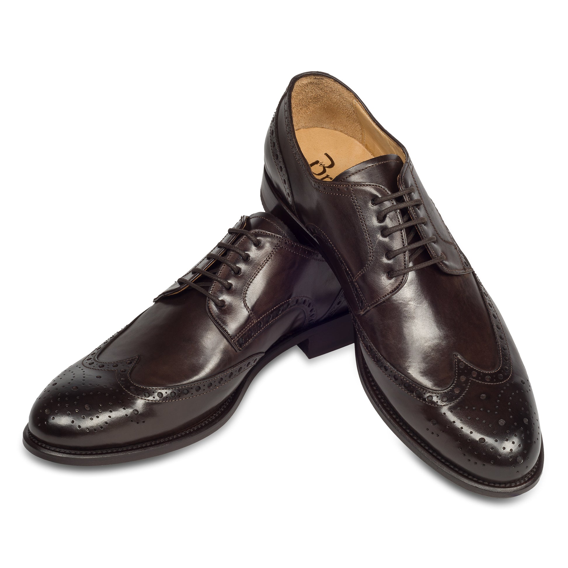 BRECOS Anzugschuhe | Full-Brogue Derby Budapester-Stil dunkelbraun, Kalbsleder. Ansicht paarweise überkreuzt