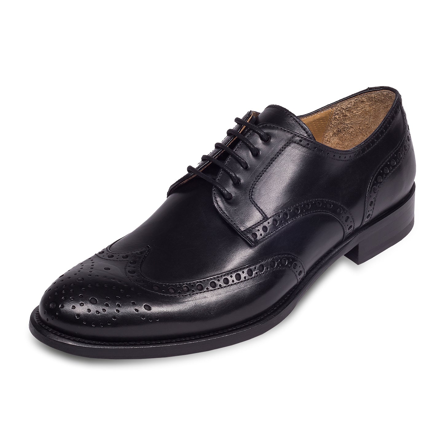 BRECOS Anzugschuhe | Full-Brogue Derby Budapester-Stil schwarz, Kalbsleder. Ansicht schräg linker Schuh