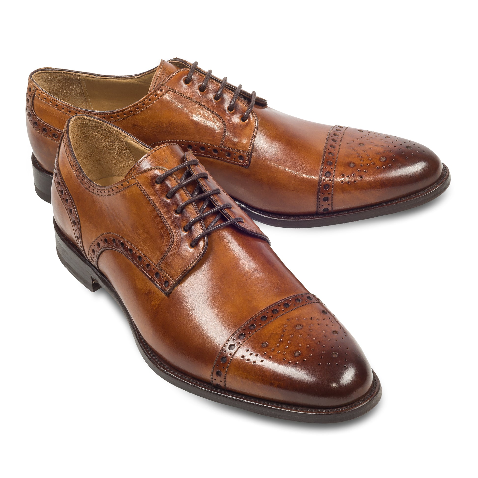 BRECOS Anzugschuhe | Half-Brogue Derby cognac braun, Kalbsleder. Ansicht paarweise