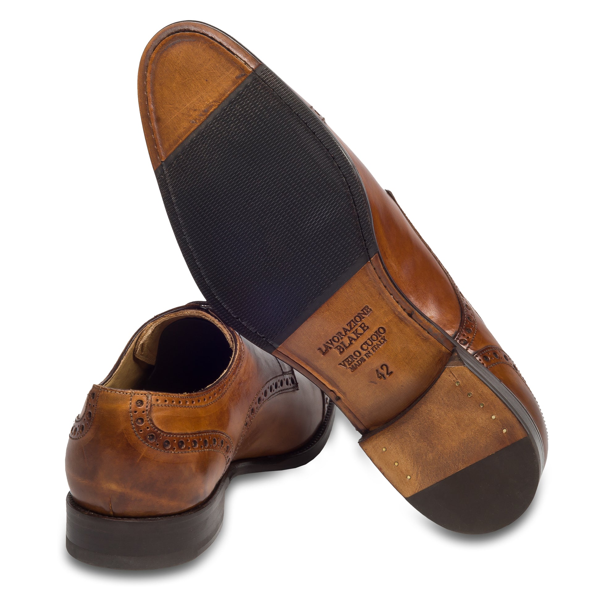 BRECOS Anzugschuhe | Half-Brogue Derby cognac braun, Kalbsleder. Ansicht Ferse und Sohle