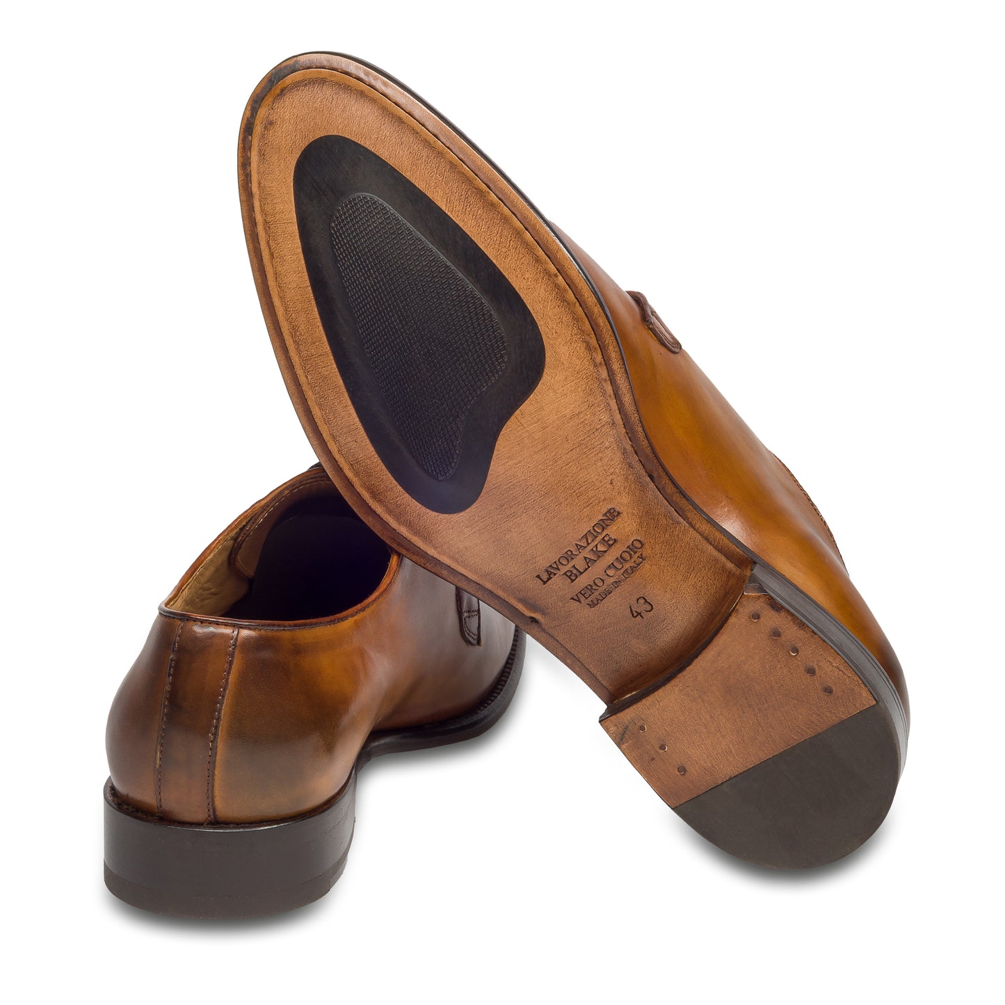 Brecos - Durchgenähter Plain Derby cognac braun, Ansicht der Ferse und Sohlenunterseite