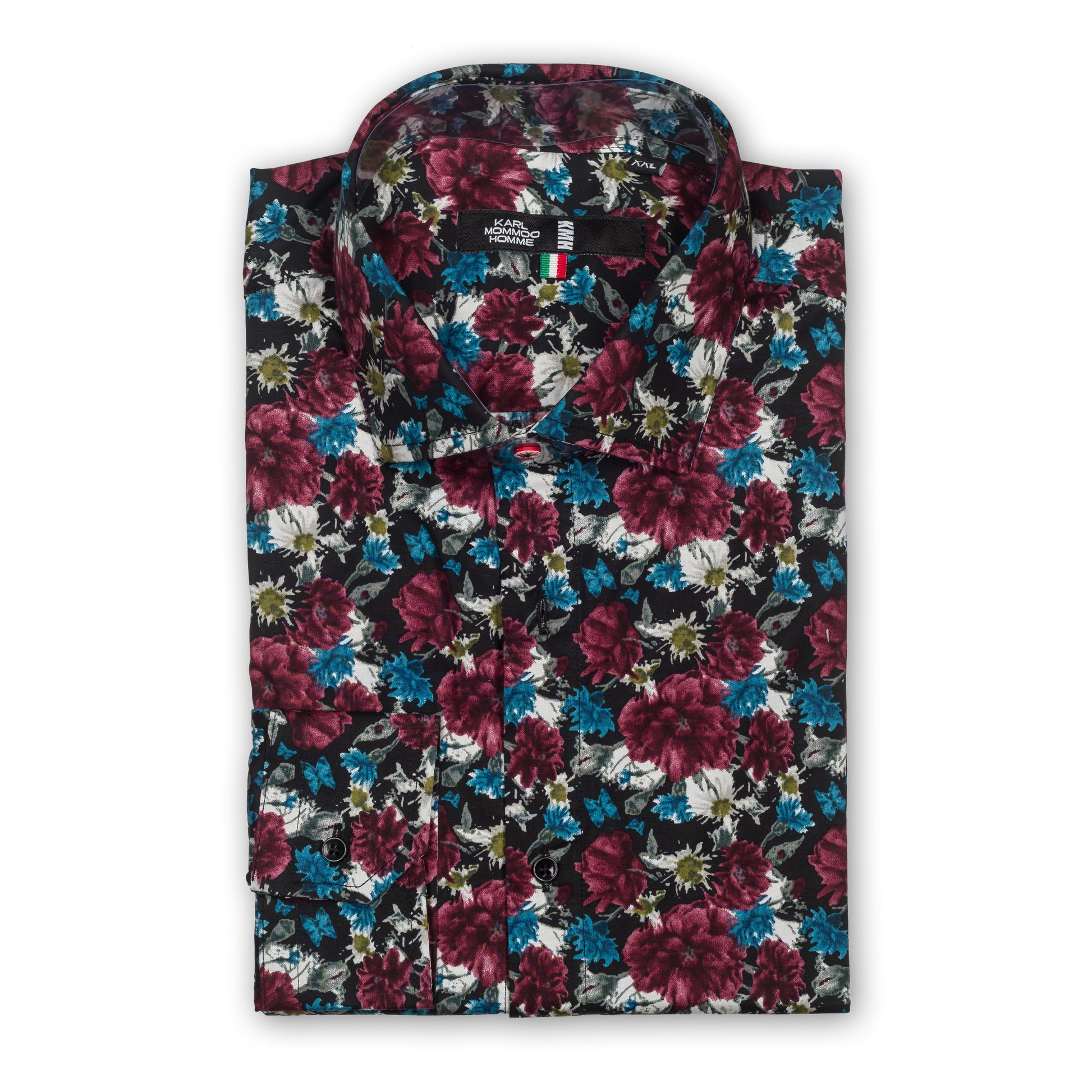 Karl Mommoo - Italienisches Herren-Hemd in floralem Print in blau/bordeaux, Baumwolle mit Elasthan, Modern Fit.