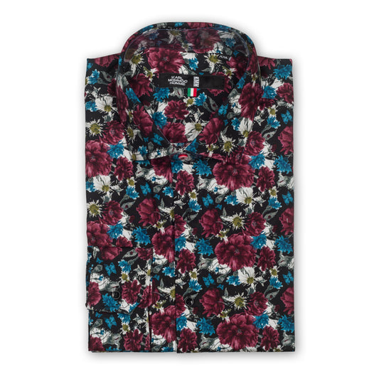 Karl Mommoo - Italienisches Herren-Hemd in floralem Print in blau/bordeaux, Baumwolle mit Elasthan, Modern Fit.