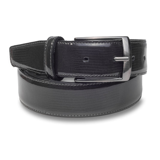 Lack-Ledergürtel grau mit schwarz 3,3 cm breit