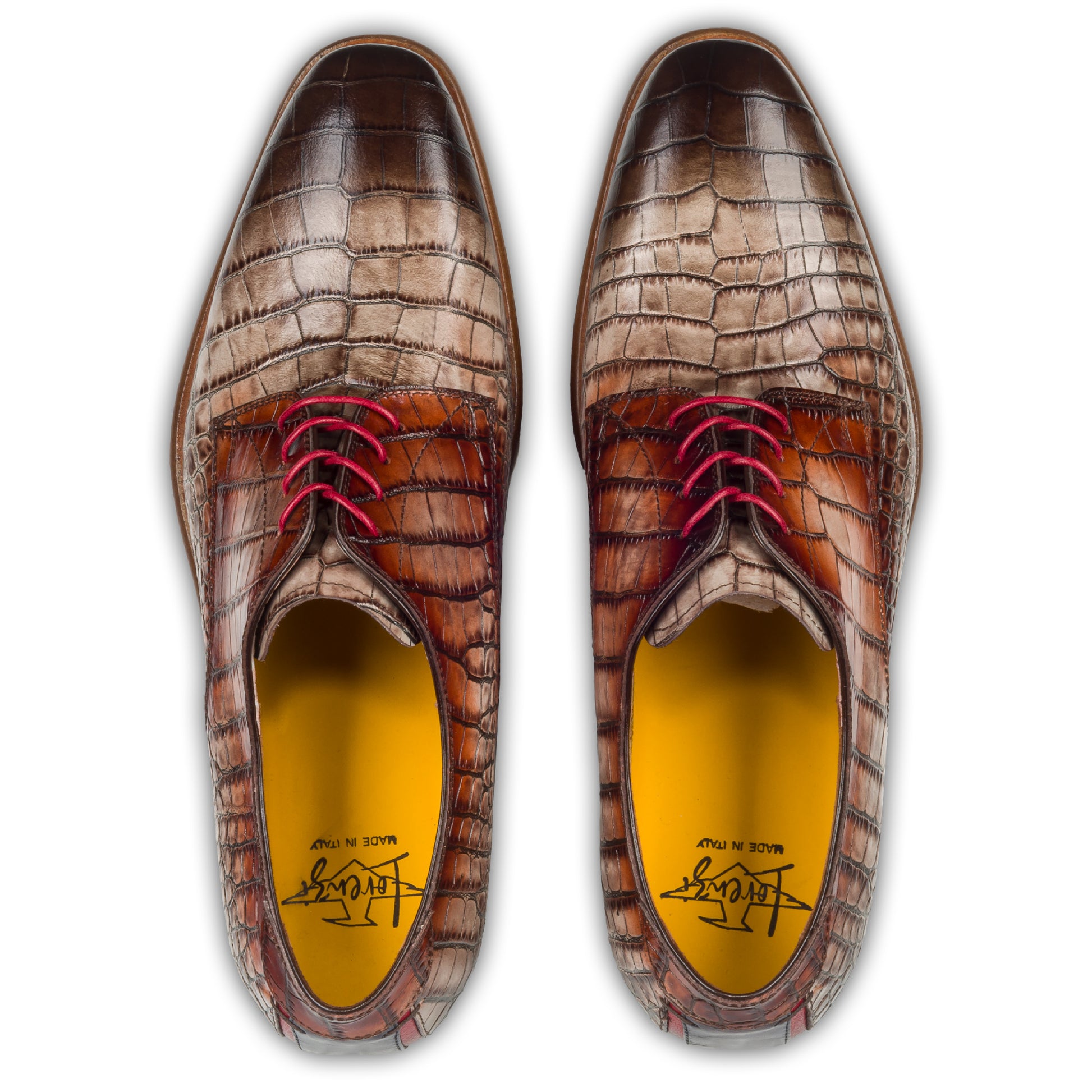 Lorenzi - Extravaganter Herren Derby Schnürschuh aus Kalbsleder in Reptil-Optik schwarz-grau/rot. Handgefertigt und Durchgenäht. Paarweise eigene Draufsicht aus angezogener Perspektive.