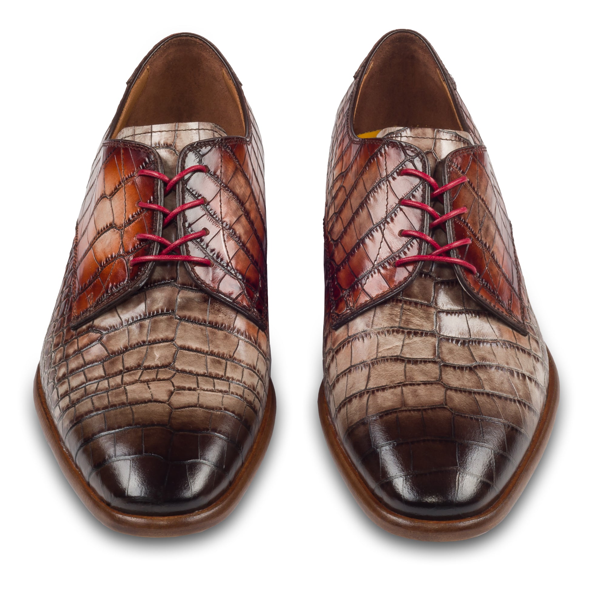 Lorenzi - Extravaganter Herren Derby Schnürschuh aus Kalbsleder in Reptil-Optik schwarz-grau/rot. Handgefertigt und Durchgenäht. Paarweise Ansicht von vorne.