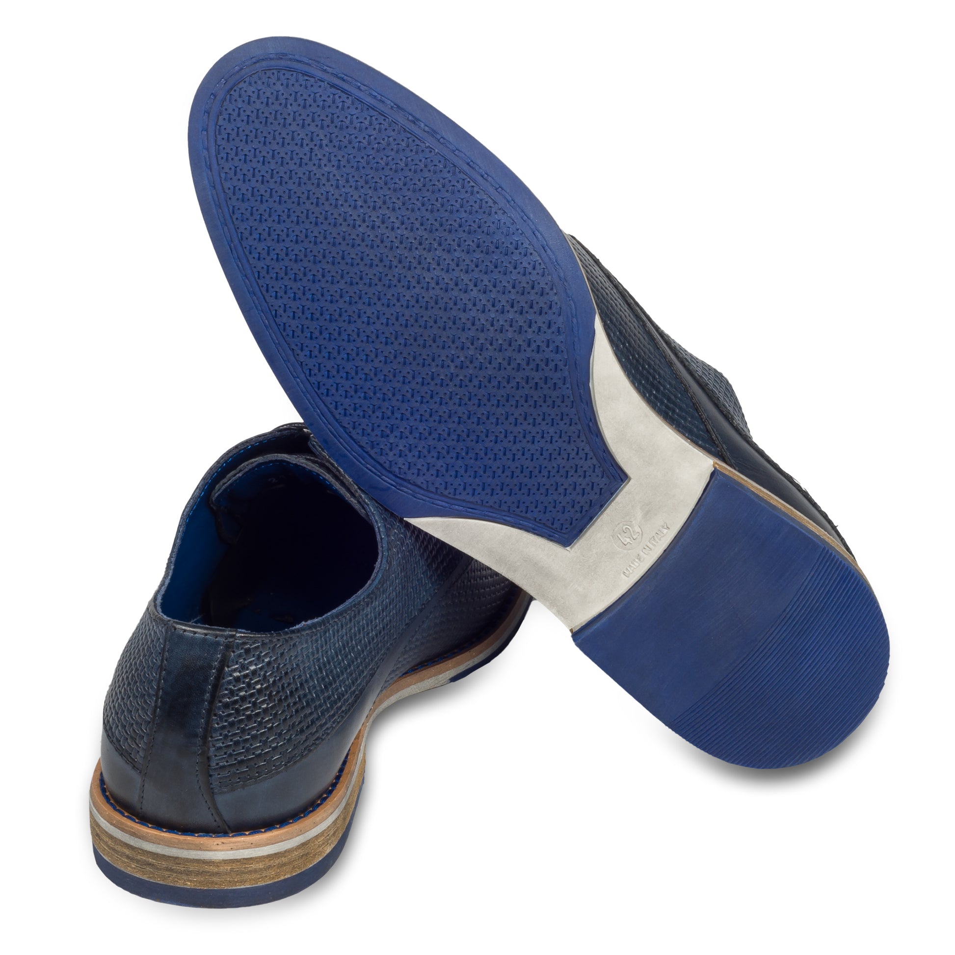 Nicola Benson Anzugschuh, Derby Schnür-Halbschuh mit Struktur in blau. Ansicht Ferse und Sohle