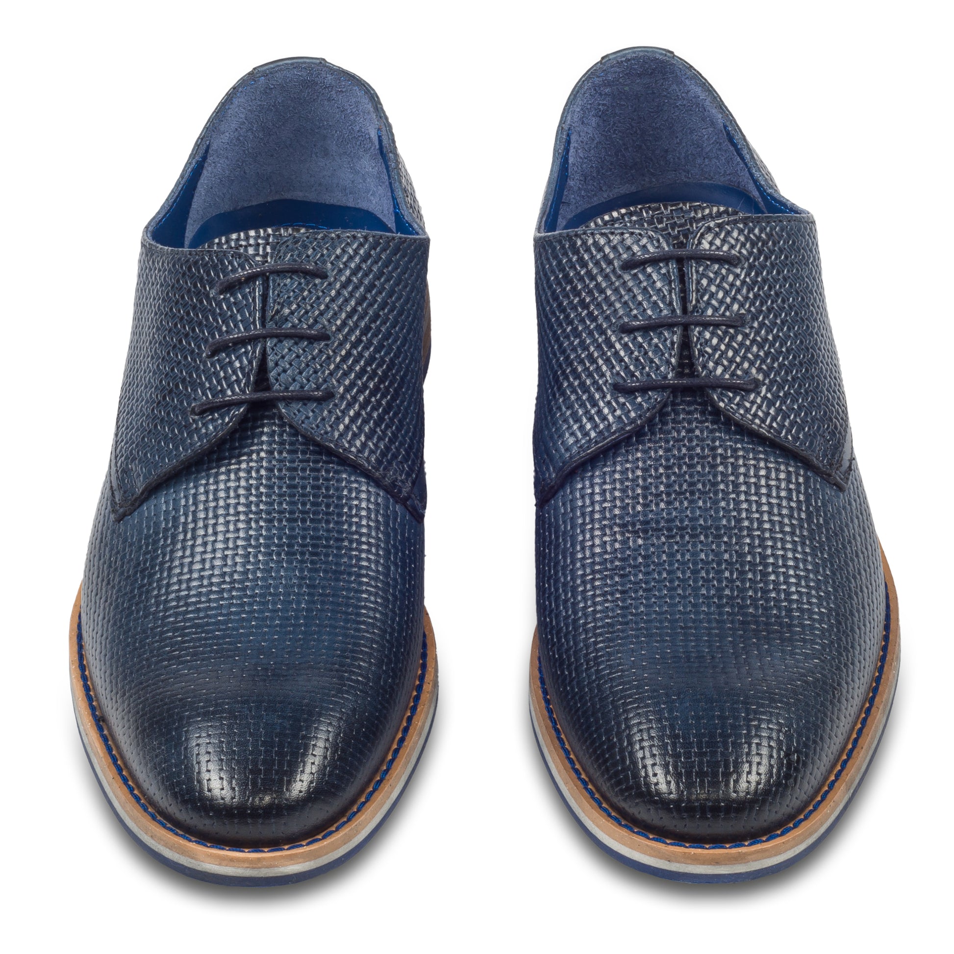 Nicola Benson Anzugschuh, Derby Schnür-Halbschuh mit Struktur in blau. Ansicht paarweise