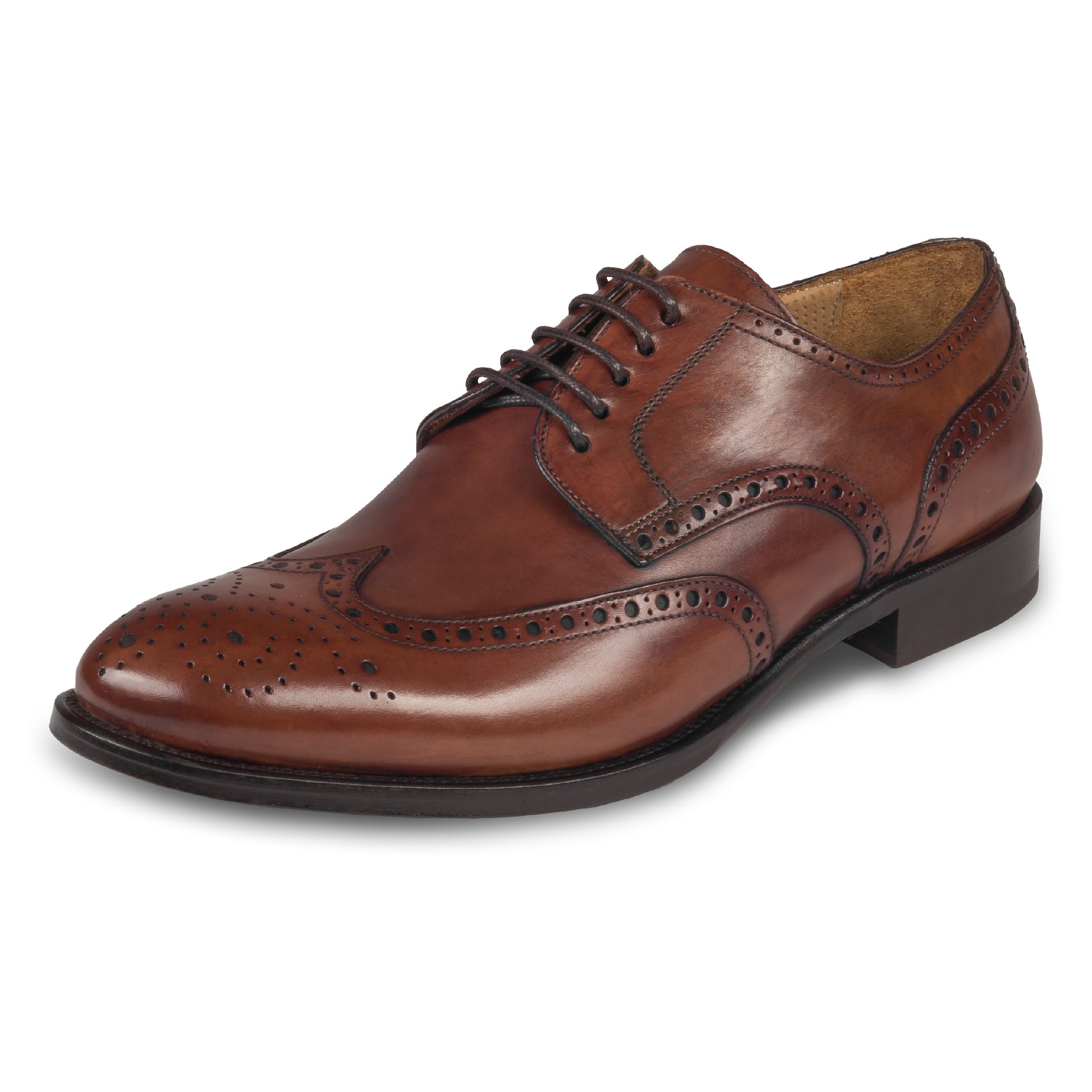 BRECOS Anzugschuhe | Full-Brogue Derby im Budapester-Stil braun, Durchgenäht. Schräge Ansicht linker Schuh. Bei Sisento.