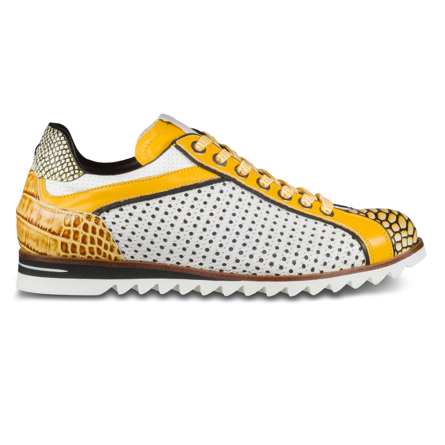 LORENZI Sneaker Herren weiß/gelb - Reptilprägung & Perforierung, Kalbsleder, handgefertigt | Gr. 41/42 SALE %