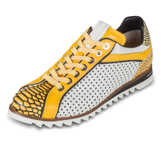 LORENZI Sneaker Herren weiß/gelb - Reptilprägung & Perforierung, Kalbsleder, handgefertigt