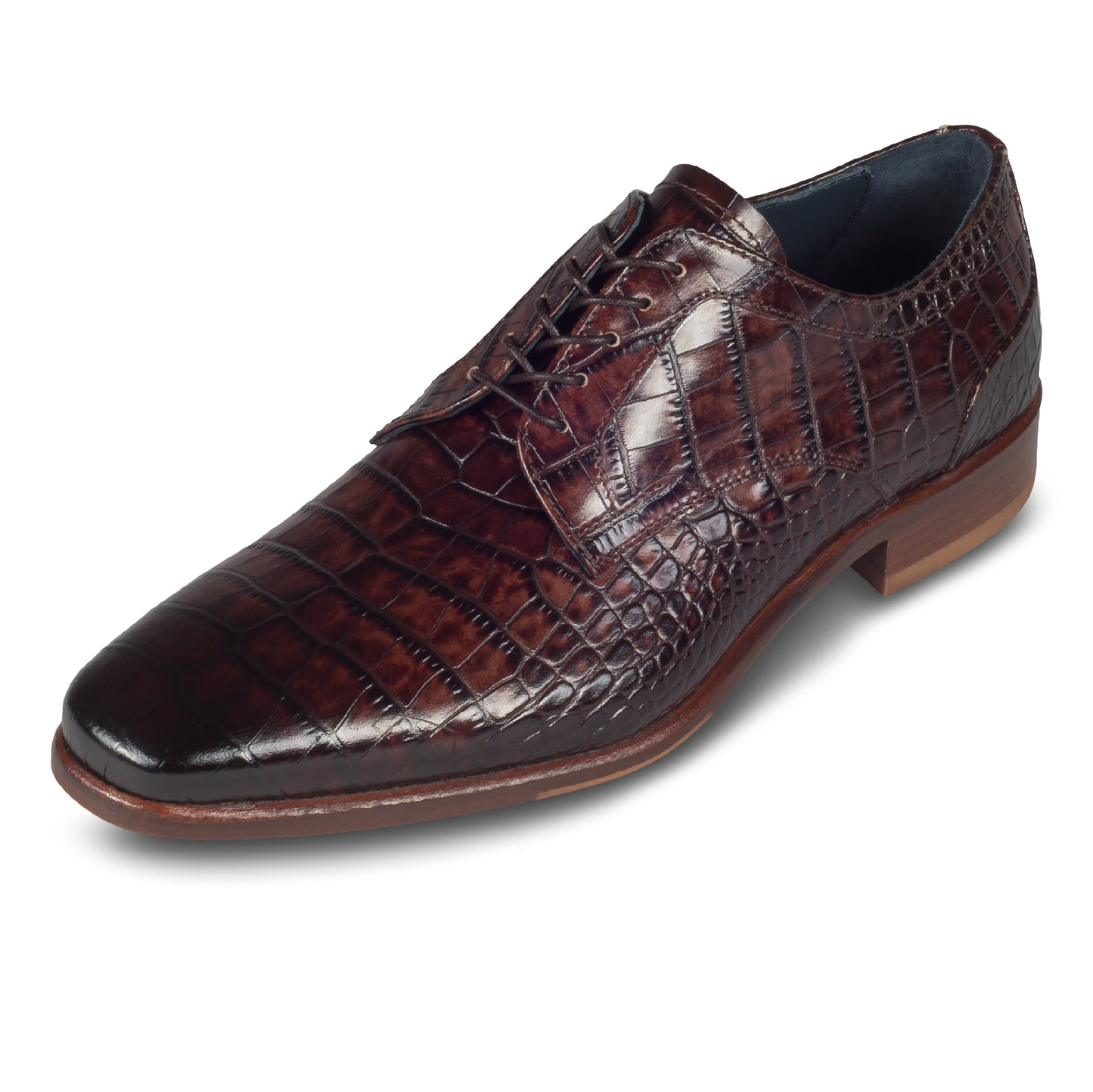 LORENZI Derby Schnürer braun - Kalbsleder in Kroko-Optik, durchgenäht - extravagant