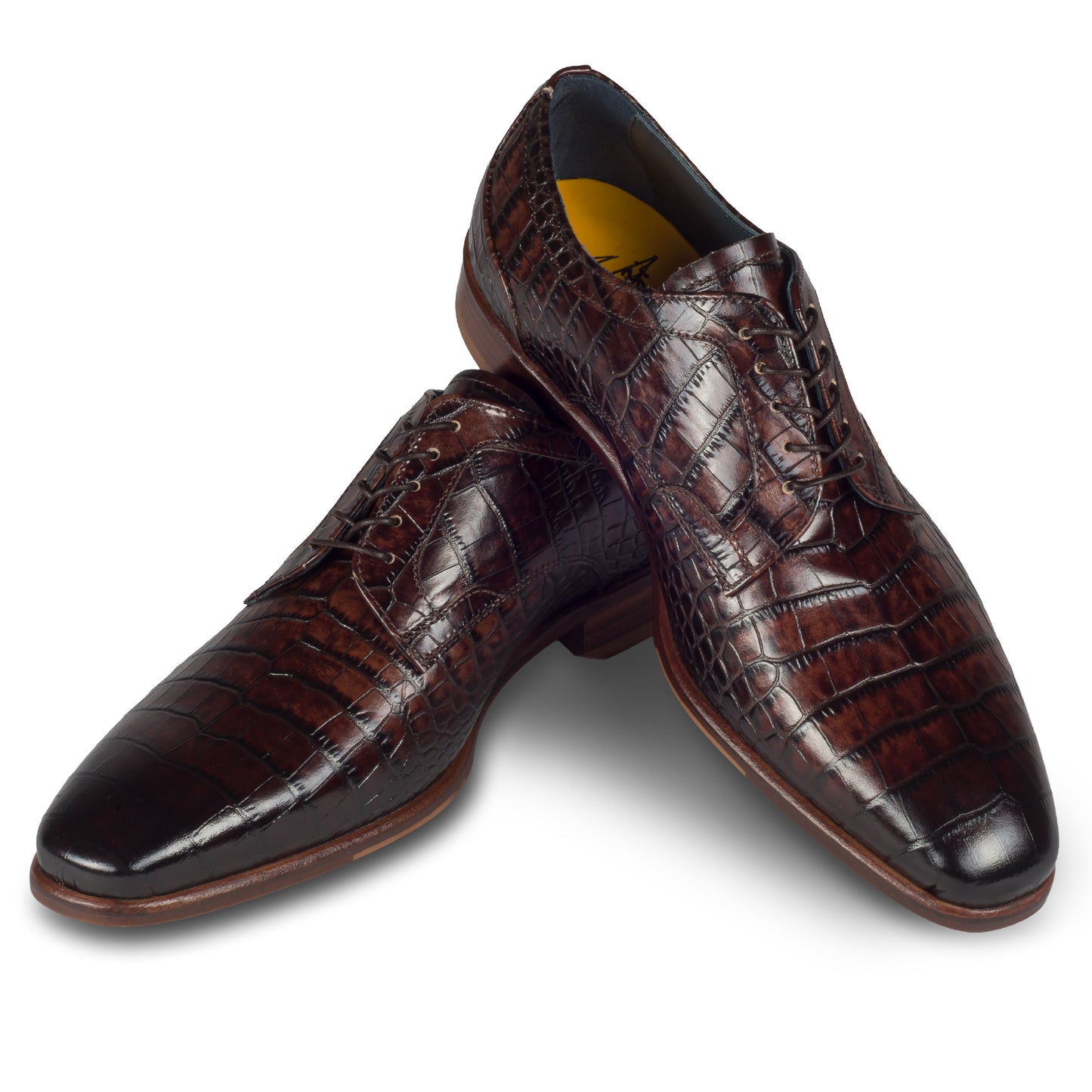 LORENZI Derby Schnürer braun - Kalbsleder in Kroko-Optik, durchgenäht - extravagant