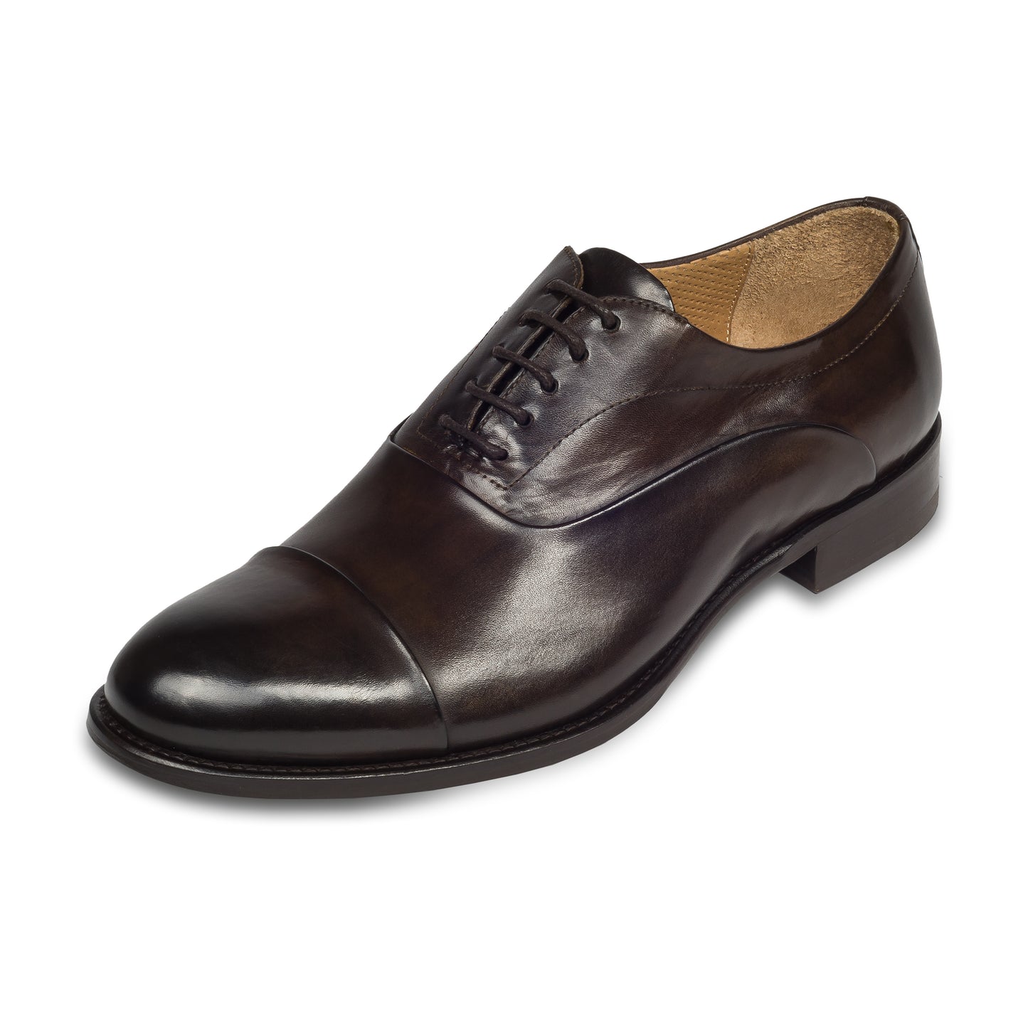 BRECOS Anzugschuhe | Captoe Oxford dunkelbraun, Kalbsleder Schnürer. Ansicht linker Schuh schräg