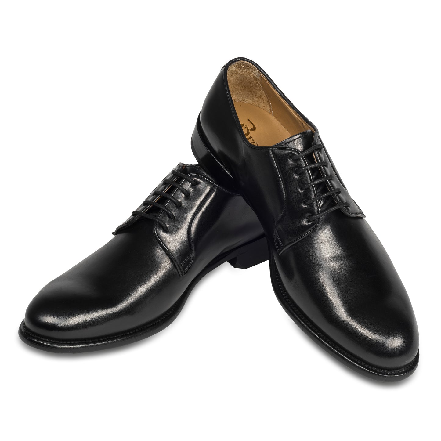 BRECOS Anzugschuhe | Plain Derby Schnürer schwarz, Kalbsleder. Ansicht paarweise überkreuzt