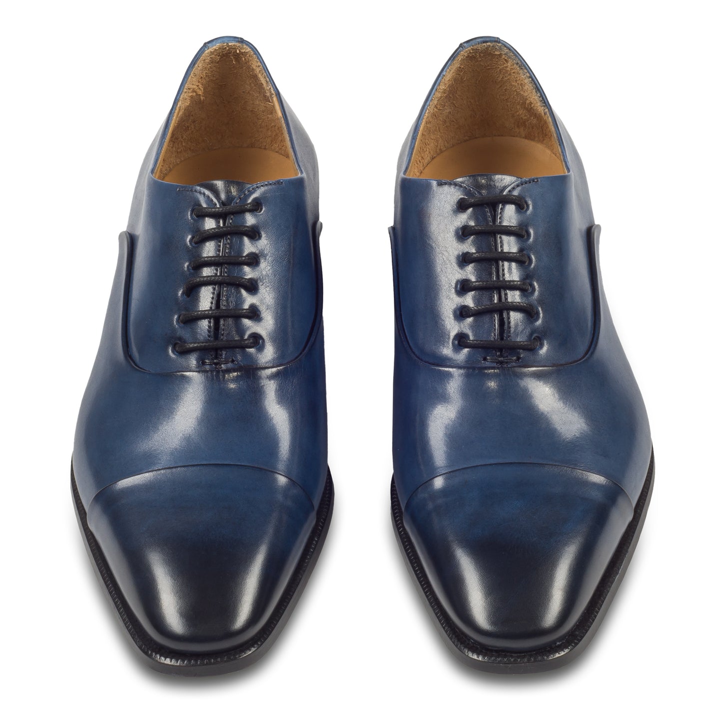 Brecos Anzugschuh,  durchgenähter Captoe Oxford in blau. Ansicht paarweise von vorne
