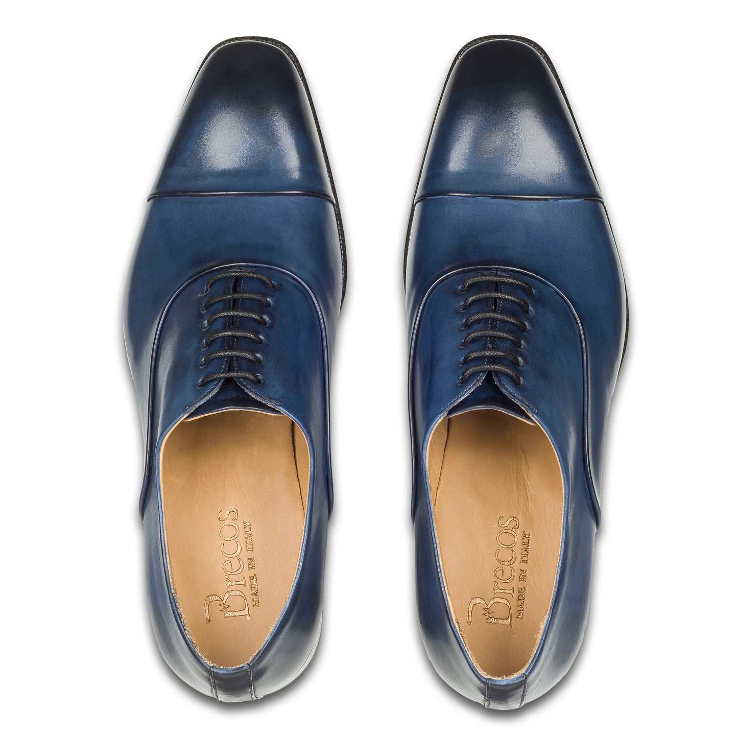 Brecos Anzugschuh,  durchgenähter Captoe Oxford in blau. Ansicht paarweise Draufsicht