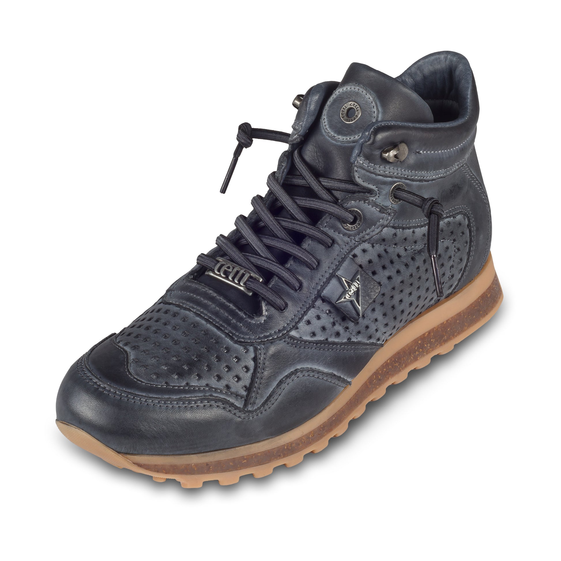 CETTI Herren Leder Sneaker-Stiefel in blau, Modell C-1048 perforiertes Leder, handgefertigt. Schräge Ansicht linker Schuh