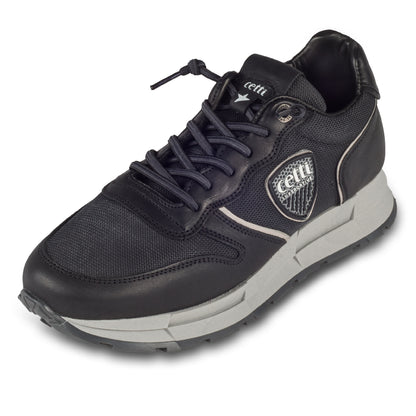 CETTI Herren Sneaker schwarz, Leder mit Mesh, Modell C-1353 rustic-mesh-negro. Handgefertigt in Spanien. Schräge Ansicht linker Schuh