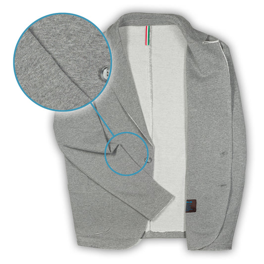 KARL MOMMOO Italienisches Herren-Sakko, grau Baumwolle. Ansicht Vorderseite und Details