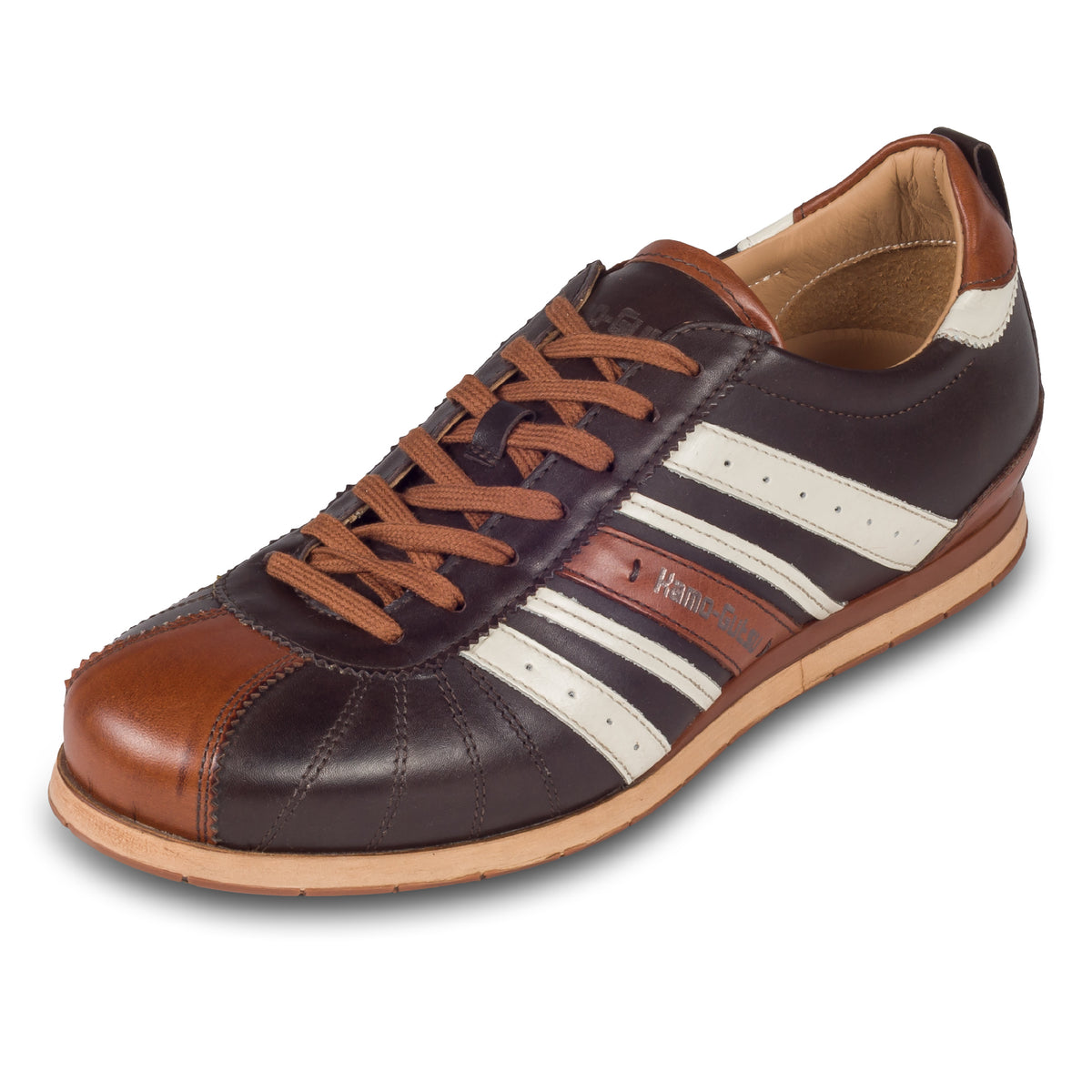 KAMO-GUTSU Herren Sneaker, Kalbsleder, braun/creme-weiß Retro-Optik, Modell TIFO-049 brown tdm -cognac, schräge Ansicht linker Schuh