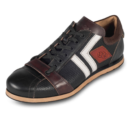 KAMO-GUTSU Herren Sneaker, Kalbsleder mit Struktur, schwarz-braun Retro-Optik, Modell TIFO-030 nero Combi, schräge Ansicht linker Schuh