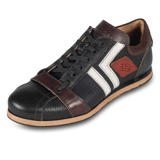 KAMO-GUTSU Herren Sneaker, Kalbsleder mit Struktur, schwarz-braun Retro-Optik, Modell TIFO-030 nero Combi, schräge Ansicht linker Schuh