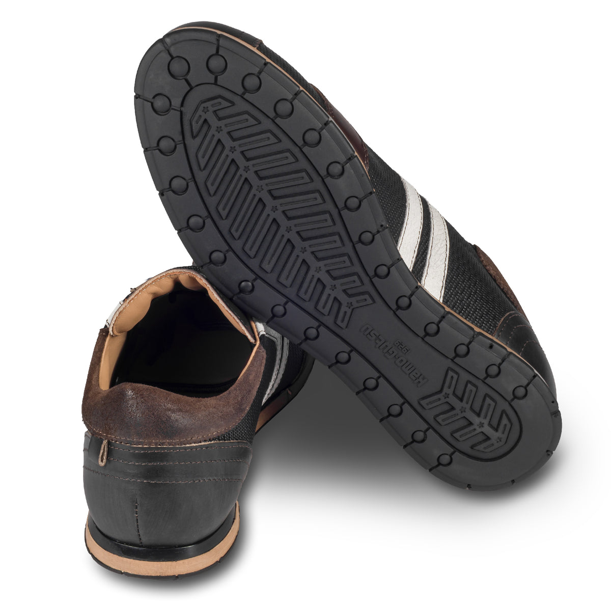 KAMO-GUTSU Herren Sneaker, Kalbsleder mit Struktur, schwarz-braun Retro-Optik, Modell TIFO-030 nero Combi, Ansicht Sohle und Ferse