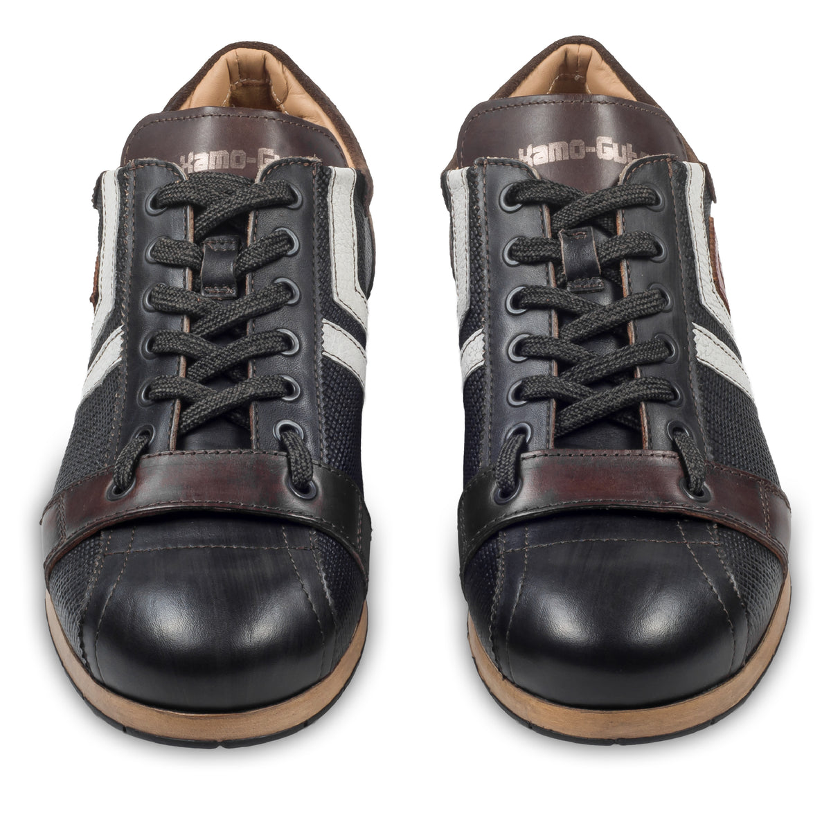 KAMO-GUTSU Herren Sneaker, Kalbsleder mit Struktur, schwarz-braun Retro-Optik, Modell TIFO-030 nero Combi, paarweise Ansicht von vorne