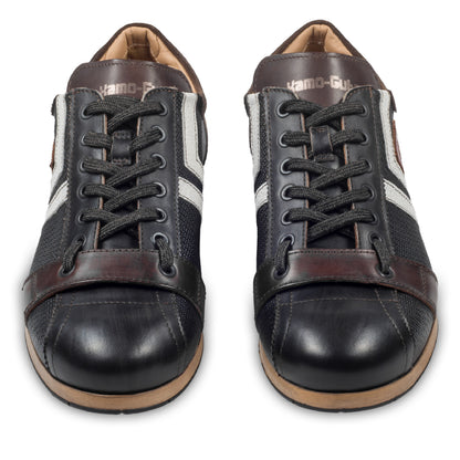 KAMO-GUTSU Herren Sneaker, Kalbsleder mit Struktur, schwarz-braun Retro-Optik, Modell TIFO-030 nero Combi, paarweise Ansicht von vorne