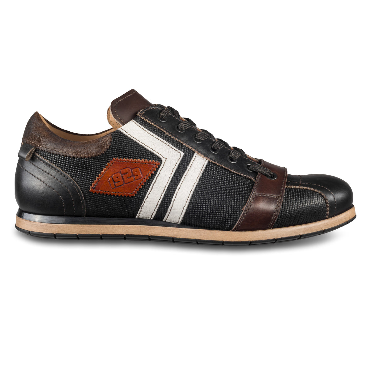 KAMO-GUTSU Herren Sneaker, Kalbsleder mit Struktur, schwarz-braun Retro-Optik, Modell TIFO-030 nero Combi, Ansicht Außenseite rechter Schuh
