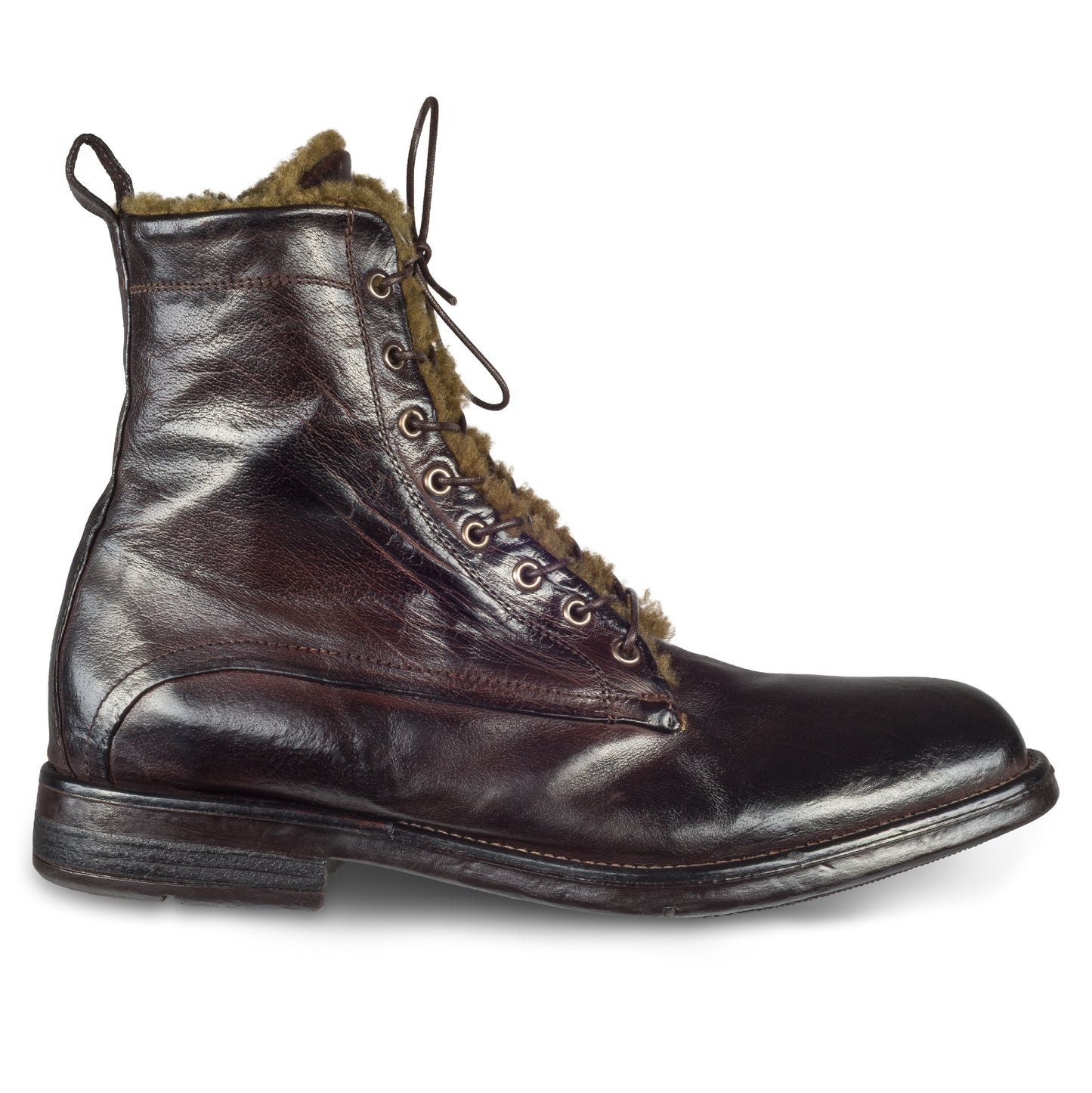 LEMARGO Herren Schnür-Boots in dunkelbraun / ebano mit braunem Lammfell. Kalbsleder im stone-washed-Verfahren auf used-Look bearbeitet. Mit Reißverschluß. Handgefertigt und Durchgenäht. Ansicht rechter Schuh Außenseite.