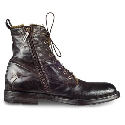 LEMARGO Herren Schnür-Boots in dunkelbraun / ebano mit braunem Lammfell. Kalbsleder im stone-washed-Verfahren auf used-Look bearbeitet. Mit Reißverschluß. Handgefertigt und Durchgenäht. Ansicht linker Schuh Innenseite.