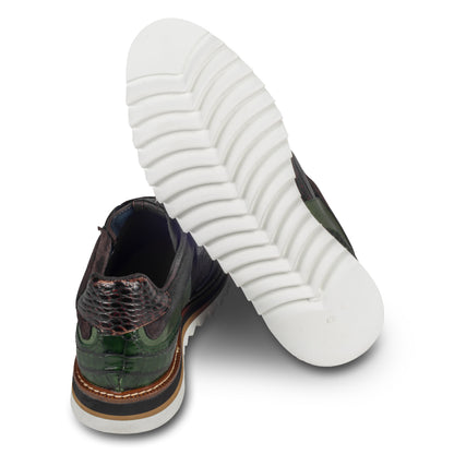 LORENZI Sneaker Herren in grün/braun, Kalbsleder mit Reptilprägung, stonewashed-Optik. Handgefertigt in Italien. Ansicht Sohle und Ferse