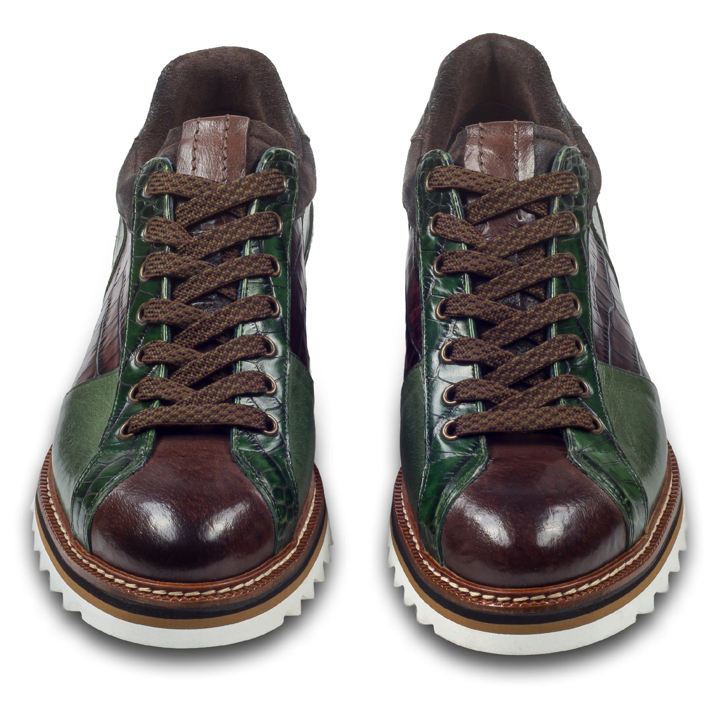 LORENZI Sneaker Herren in grün/braun, Kalbsleder mit Reptilprägung, stonewashed-Optik. Handgefertigt in Italien. Paarweise Ansicht von vorne
