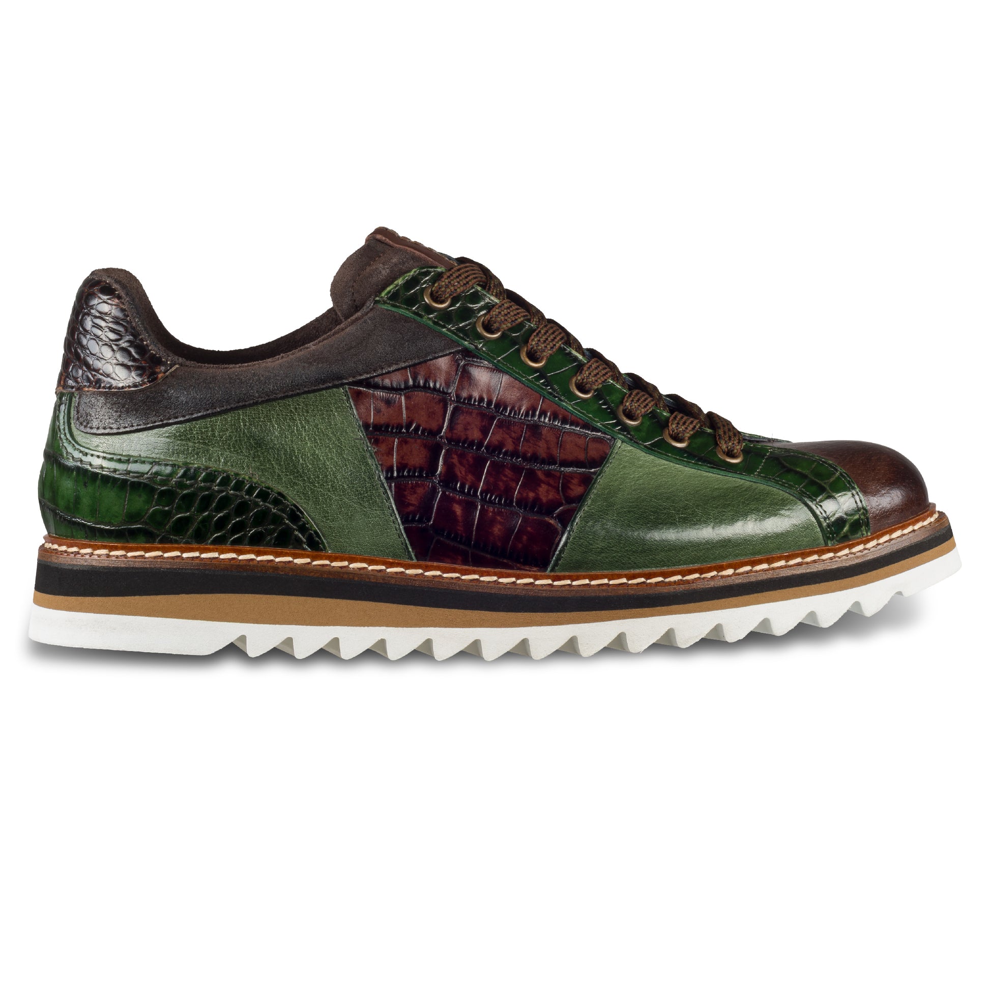 LORENZI Sneaker Herren in grün/braun, Kalbsleder mit Reptilprägung, stonewashed-Optik. Handgefertigt in Italien. Ansicht Außenseite rechter Schuh
