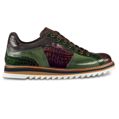 LORENZI Sneaker Herren in grün/braun, Kalbsleder mit Reptilprägung, stonewashed-Optik. Handgefertigt in Italien. Ansicht Außenseite rechter Schuh