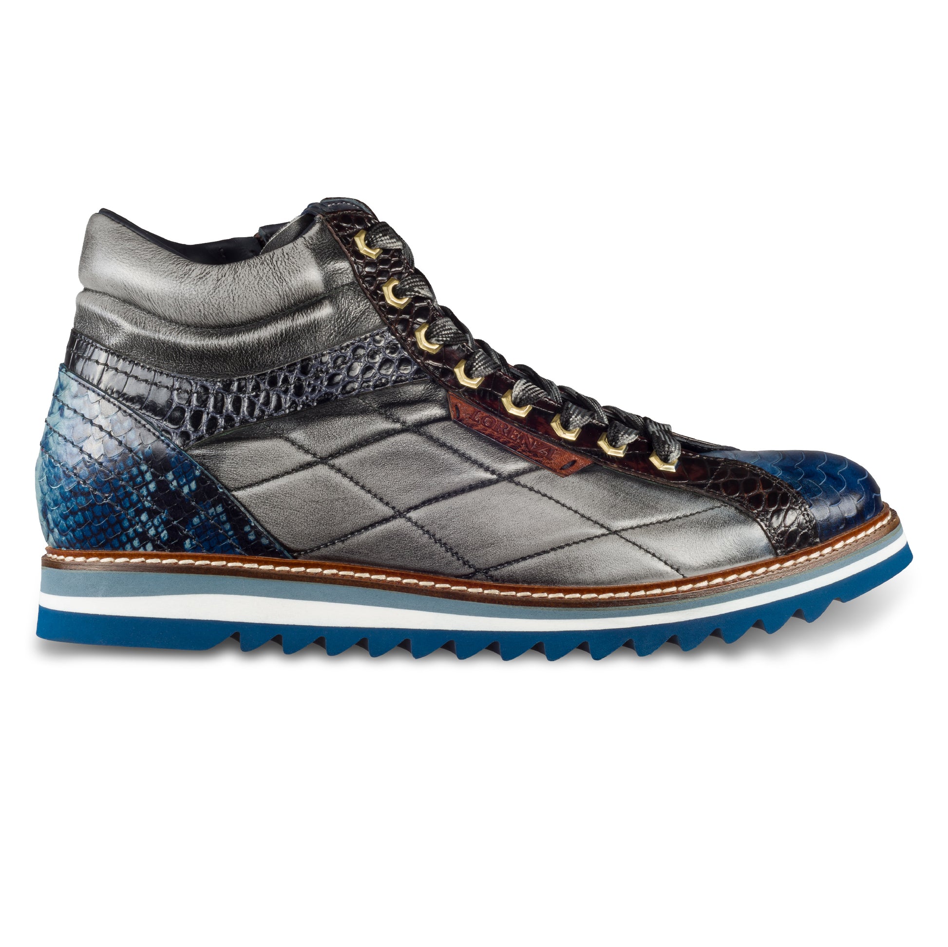 LORENZI Herren Sneaker-Stiefel / High-Top, in blau/grau, Reptilprägung, Steppoptik, Airbrush-Färbung. Mit Lammfelll und Reißverschluß. Handgefertigt in Italien. Ansicht Außenseite rechter Schuh