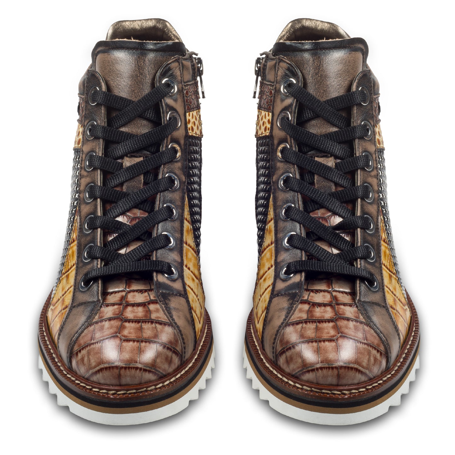 LORENZI Herren Sneaker-Stiefel / High-Top, in braun mit schwarz/weiß. In Reptiloptik und mit raffinierter Prägung und Stempelfärbung. Mit Lammfelll und Reißverschluß. Handgefertigt in Italien. Paarweise Ansicht von vorne.
