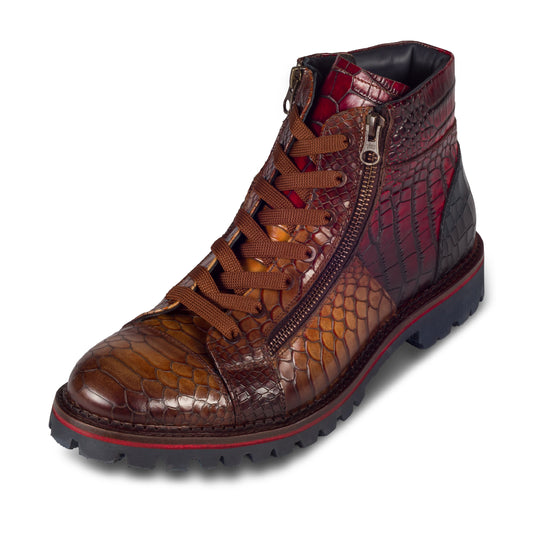 LORENZI Schnürstiefelette Herren mit Reißverschluß braun, Kalbsleder mit Krokoprägung. Handgefertigt / durchgenäht in Italien. Schräge Ansicht linker Schuh
