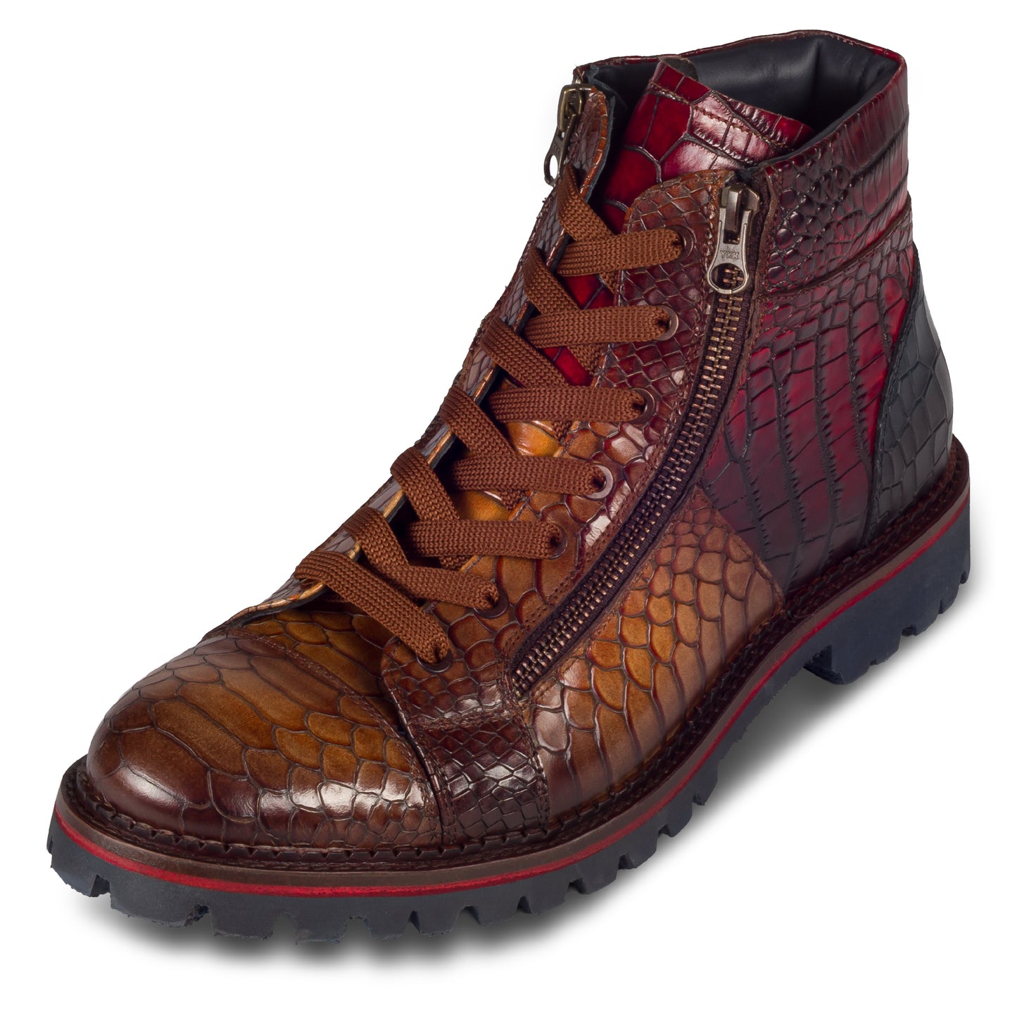 LORENZI Schnürstiefelette Herren mit Reißverschluß braun, Kalbsleder mit Krokoprägung. Handgefertigt / durchgenäht in Italien. Schräge Ansicht linker Schuh.