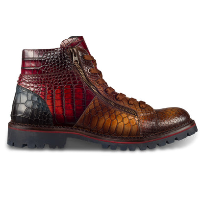 LORENZI Schnürstiefelette Herren mit Reißverschluß braun, Kalbsleder mit Krokoprägung. Handgefertigt / durchgenäht in Italien. Ansicht Innenseite linker Schuh