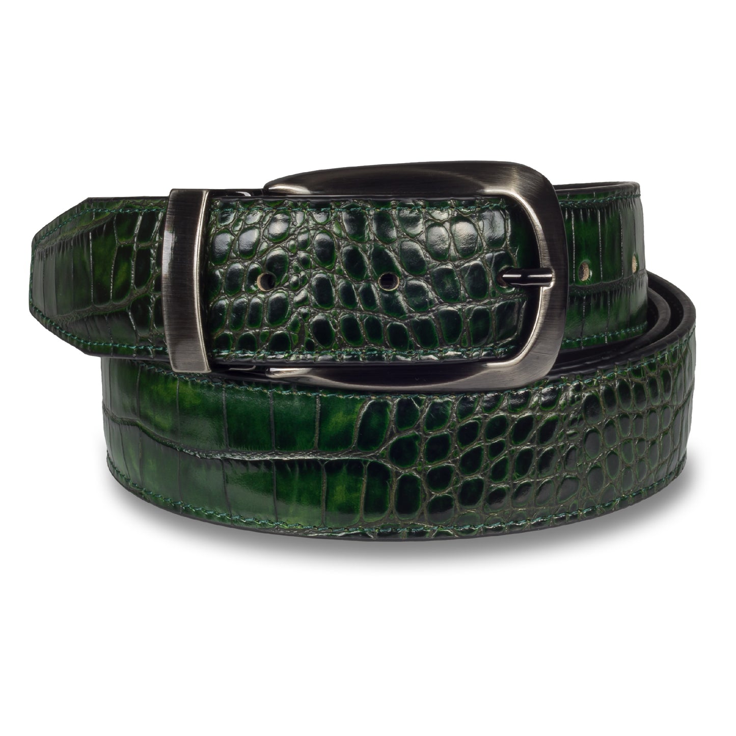 Lorenzi Ledergürtel Messico Verde. Reptil-Prägung grün, 3.5 cm breit, Schließe anthrazit