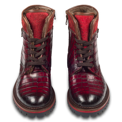Lorenzi - Herren Kalbsleder Schnürboots rot Reptil Prägung, mit Reißverschluß und Lammfell, durchgenäht. Paarweise Ansicht von vorne.  