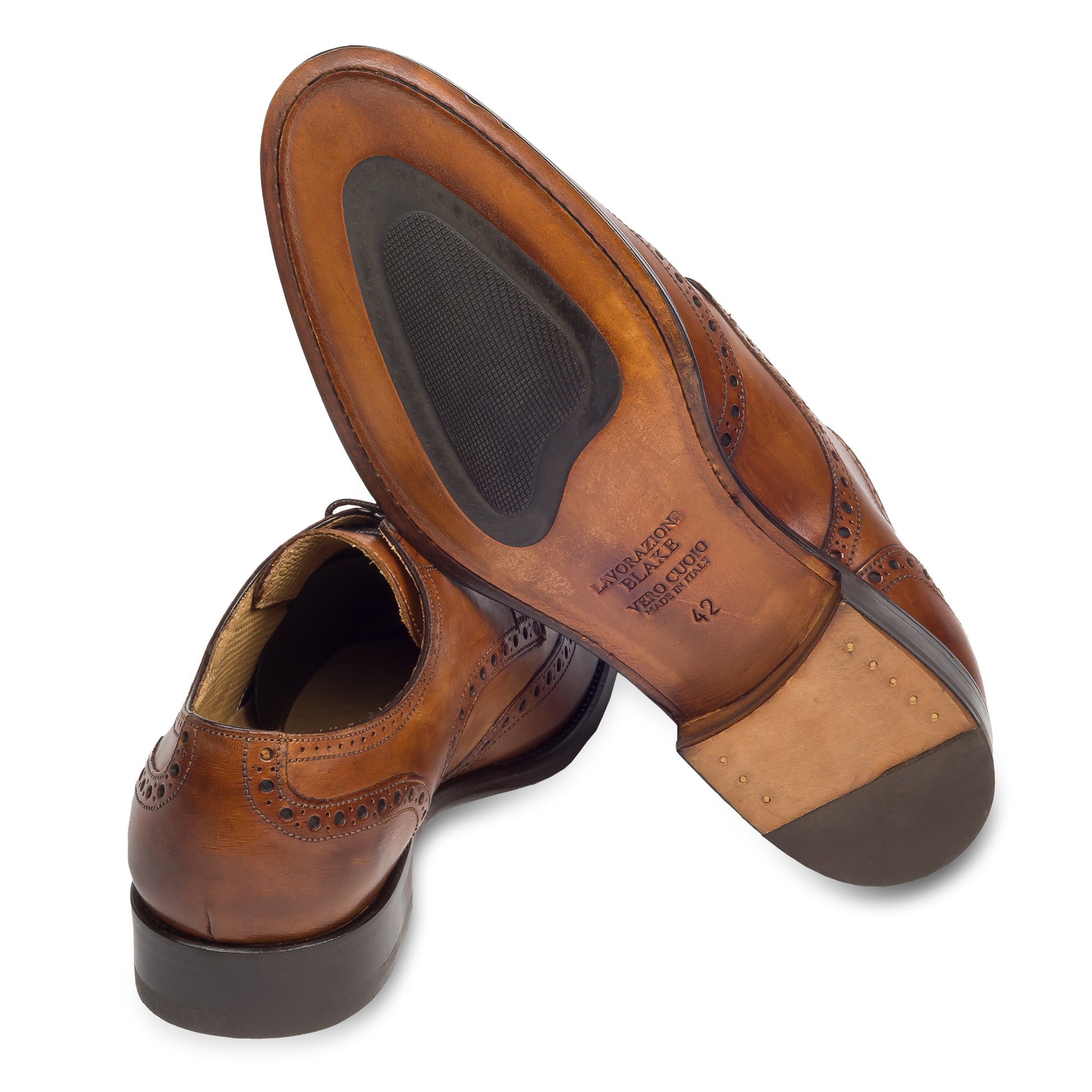 BRECOS Anzugschuhe | Full-Brogue Derby Budapester-Stil cognac braun, Kalbsleder. Ansicht Ferse und Sohle