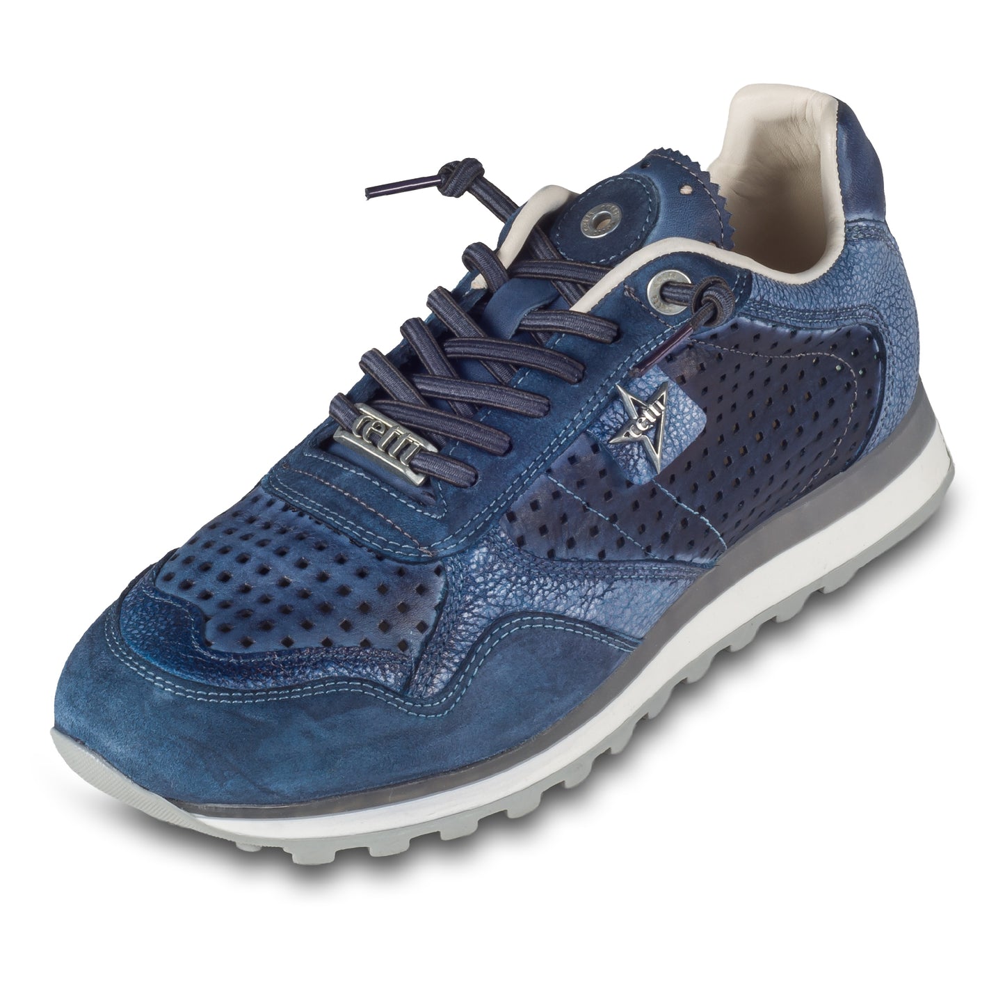 Cetti Herren Sneaker, blau C-848 used tin navy, Kalbsleder Low-Top, Ansicht linker Schuh schräg