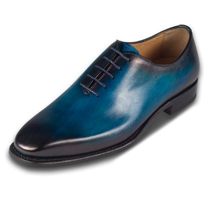 Harris Herren Anzugschuhe / Schnür-Halbschuhe, blau mit handgefärbter Patina. Made in Italy. Durchgenäht. Schräge Ansicht linker Schuh