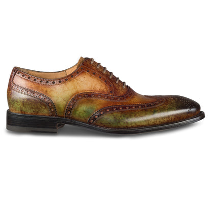 Harris Herren Anzugschuhe / Schnür-Halbschuhe, braun grün mit handgefärbter Patina. Made in Italy. Durchgenäht. Ansicht Außenseite rechter Schuh.